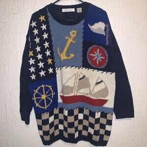 Vintage 90s Chaus Sailing Theme Boat Knit Multicolor Pullover Sweater L